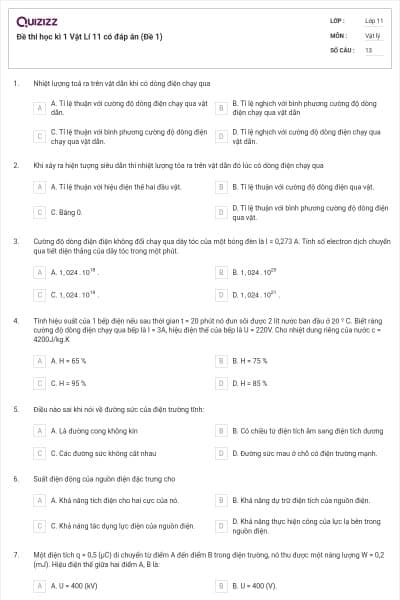 Đề thi học kì 1 Vật Lí 11 có đáp án (Đề 1)