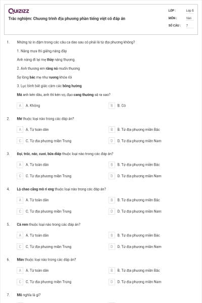 Trắc nghiệm: Chương trình địa phương phần tiếng việt có đáp án