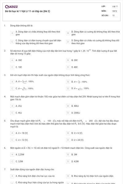Đề thi học kì 1 Vật Lí 11 có đáp án (Đề 2)