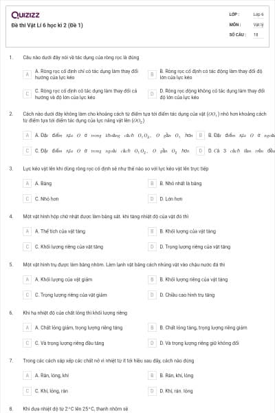 Đề thi Vật Lí 6 học kì 2 (Đề 1)