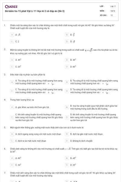 Đề kiểm tra 15 phút Vật Lí 11 Học kì 2 có đáp án (Đề 3)
