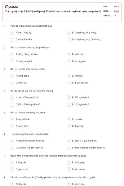 Trắc nghiệm Địa 9 Bài 3 (có đáp án): Phân bố dân cư và các loại hình quần cư (phần 2)