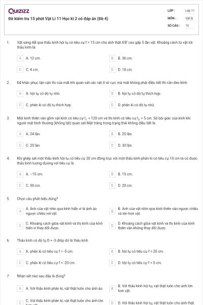 Đề kiểm tra 15 phút Vật Lí 11 Học kì 2 có đáp án (Đề 4)