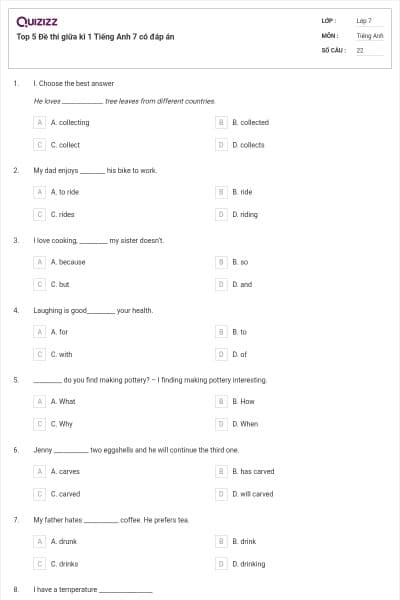 Top 5 Đề thi giữa kì 1 Tiếng Anh 7 có đáp án
