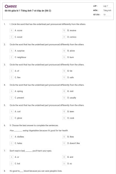 Đề thi giữa kì 1 Tiếng Anh 7 có đáp án (Đề 2)