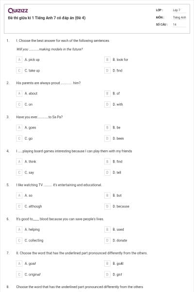 Đề thi giữa kì 1 Tiếng Anh 7 có đáp án (Đề 4)