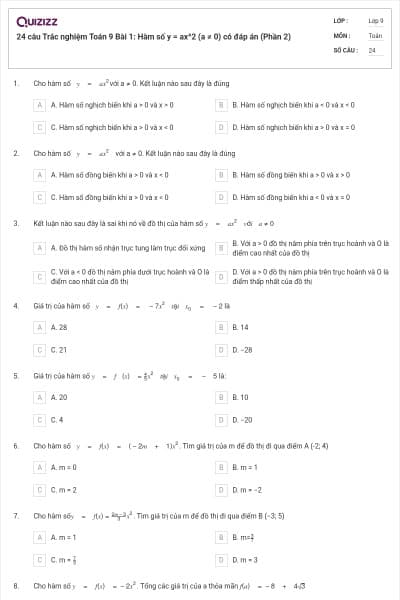 24 câu Trắc nghiệm Toán 9 Bài 1: Hàm số y = ax^2 (a ≠ 0) có đáp án (Phần 2)