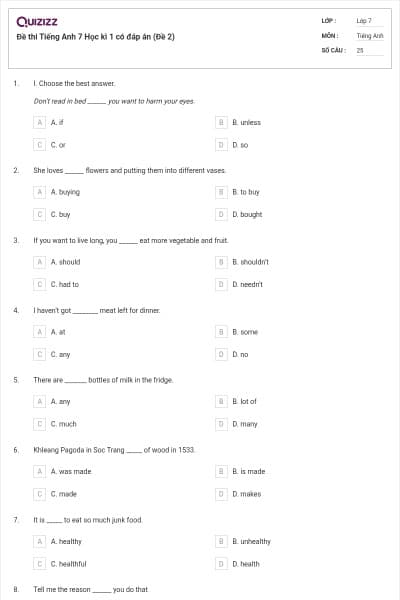 Đề thi Tiếng Anh 7 Học kì 1 có đáp án (Đề 2)