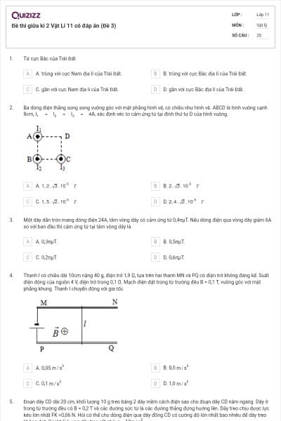 Đề thi giữa kì 2 Vật Lí 11 có đáp án (Đề 3)