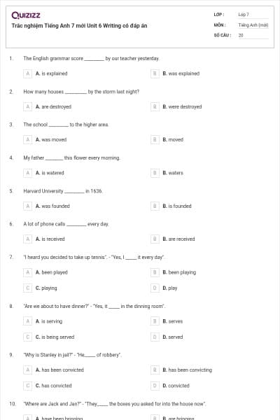 Trắc nghiệm Tiếng Anh 7 mới Unit 6 Writing có đáp án