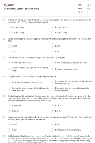 Đề thi Học kì 2 Vật Lí 11 có đáp án (Đề 1)