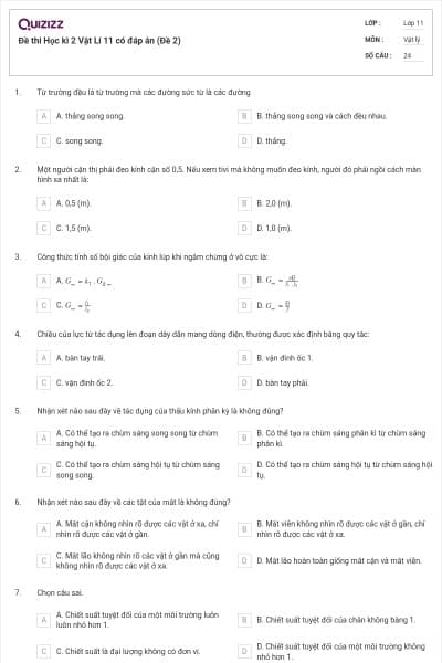 Đề thi Học kì 2 Vật Lí 11 có đáp án (Đề 2)