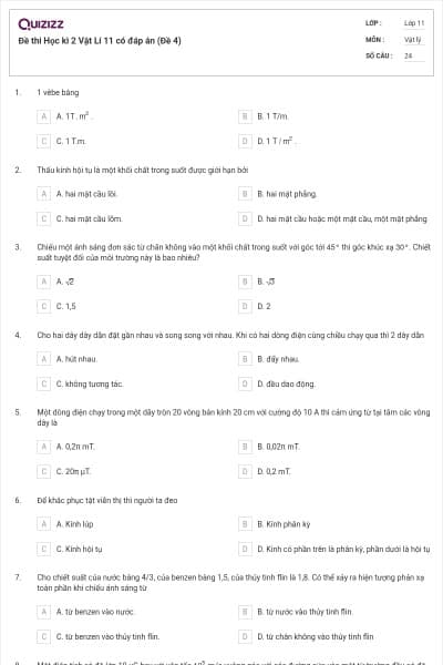 Đề thi Học kì 2 Vật Lí 11 có đáp án (Đề 4)