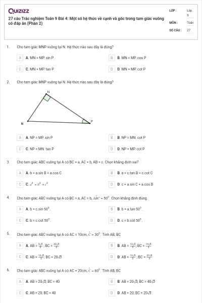 27 câu Trắc nghiệm Toán 9 Bài 4: Một số hệ thức về cạnh và góc trong tam giác vuông có đáp án (Phần 2)