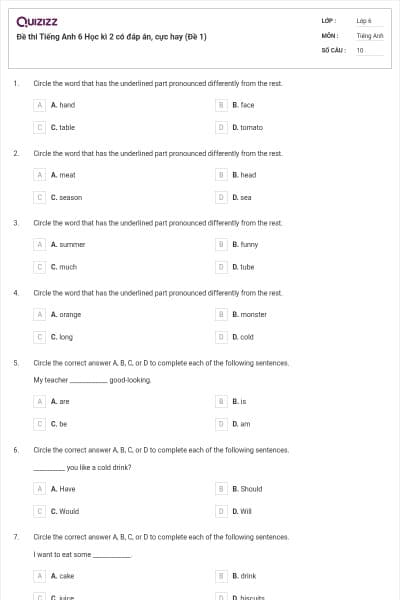 Đề thi Tiếng Anh 6 Học kì 2 có đáp án, cực hay (Đề 1)