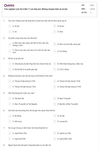 Trắc nghiệm Lịch Sử 6 Bài 11 (có đáp án): Những chuyển biến về xã hội
