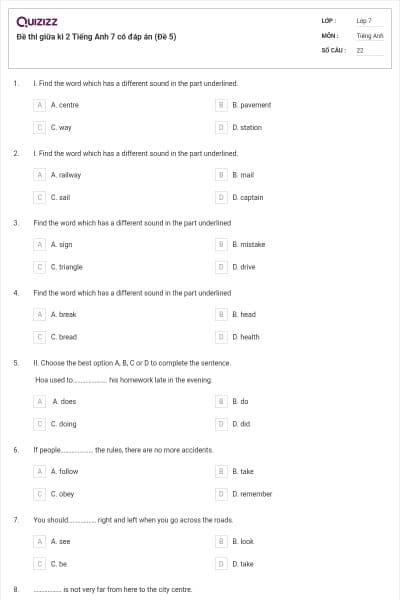 Đề thi giữa kì 2 Tiếng Anh 7 có đáp án (Đề 5)