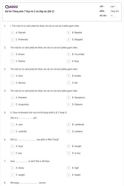 Đề thi Tiếng Anh 7 Học kì 2 có đáp án (Đề 2)