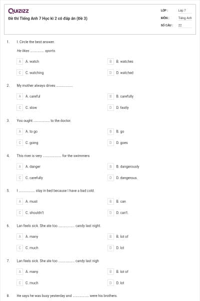Đề thi Tiếng Anh 7 Học kì 2 có đáp án (Đề 3)
