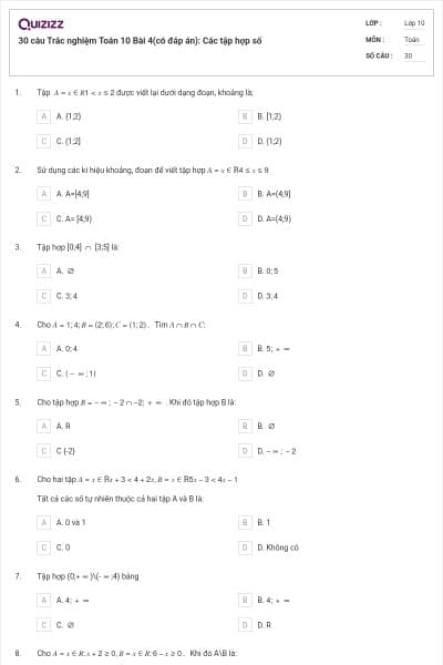30 câu  Trắc nghiệm Toán 10 Bài 4(có đáp án): Các tập hợp số
