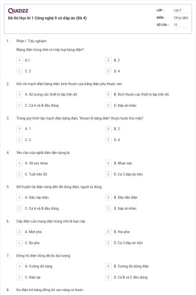 Đề thi Học kì 1 Công nghệ 9 có đáp án (Đề 4)