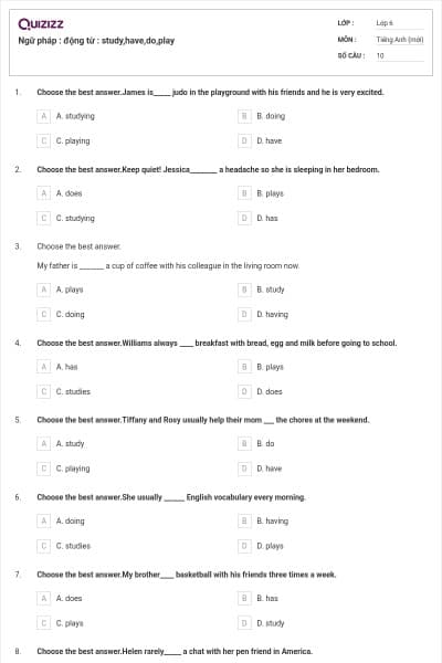Ngữ pháp : động từ : study,have,do,play