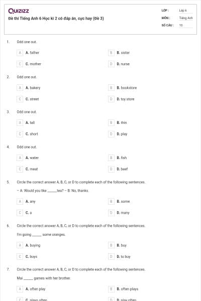 Đề thi Tiếng Anh 6 Học kì 2 có đáp án, cực hay (Đề 3)