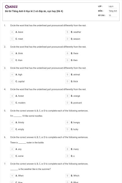 Đề thi Tiếng Anh 6 Học kì 2 có đáp án, cực hay (Đề 4)