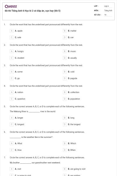 Đề thi Tiếng Anh 6 Học kì 2 có đáp án, cực hay (Đề 5)