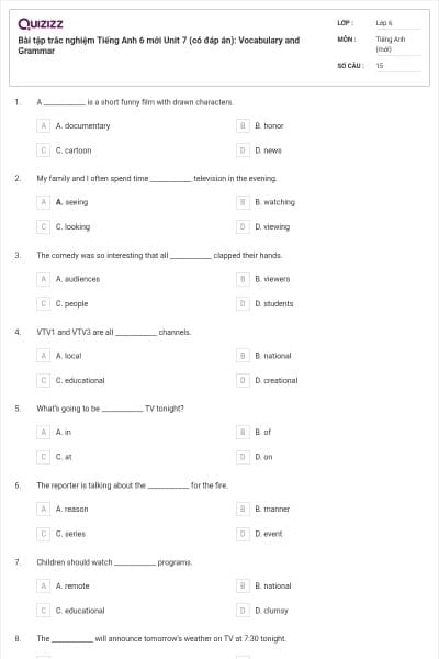 Bài tập trắc nghiệm Tiếng Anh 6 mới Unit 7 (có đáp án): Vocabulary and Grammar