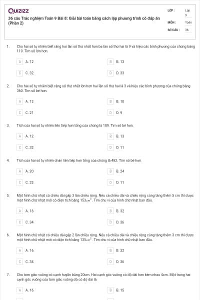 36 câu Trắc nghiệm Toán 9 Bài 8: Giải bài toán bằng cách lập phương trình có đáp án (Phần 2)