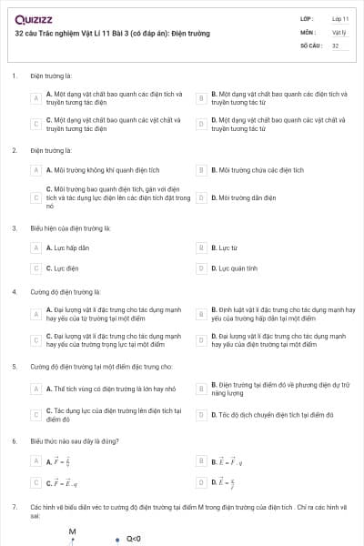 32 câu  Trắc nghiệm Vật Lí 11 Bài 3 (có đáp án): Điện trường