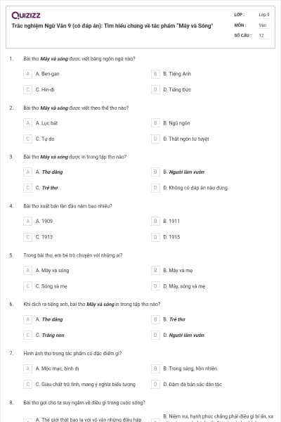 Trắc nghiệm Ngữ Văn 9 (có đáp án): Tìm hiểu chung về tác phẩm “Mây và Sóng"