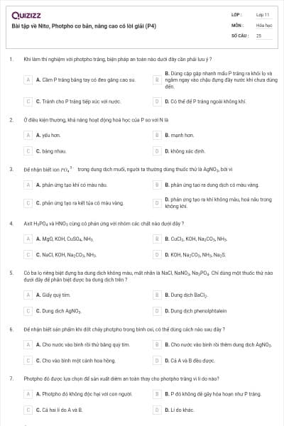 Bài tập về Nitơ, Photpho cơ bản, nâng cao có lời giải (P4)