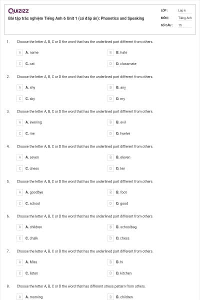Bài tập trắc nghiệm Tiếng Anh 6 Unit 1 (có đáp án): Phonetics and Speaking
