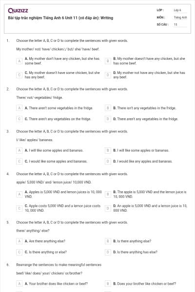 Bài tập trắc nghiệm Tiếng Anh 6 Unit 11 (có đáp án): Writing