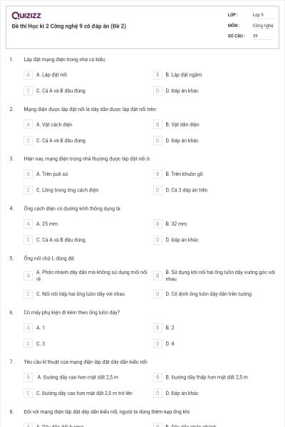 Đề thi Học kì 2 Công nghệ 9 có đáp án (Đề 2)