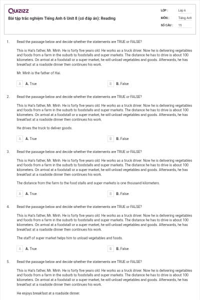 Bài tập trắc nghiệm Tiếng Anh 6 Unit 8 (có đáp án): Reading