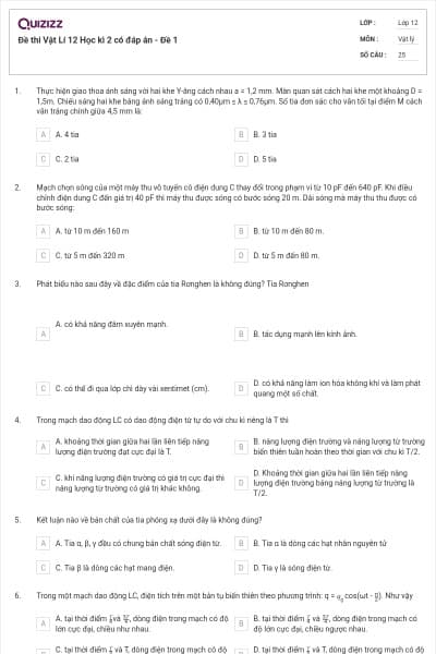 Đề thi Vật Lí 12 Học kì 2 có đáp án - Đề 1