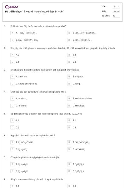 Đề thi Hóa học 12 Học kì 1 chọn lọc, có đáp án - Đề 1