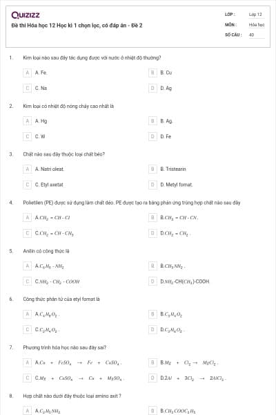 Đề thi Hóa học 12 Học kì 1 chọn lọc, có đáp án - Đề 2