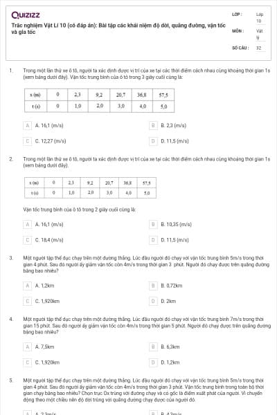 Trắc nghiệm Vật Lí 10 (có đáp án): Bài tập các khái niệm độ dời, quãng đường, vận tốc và gia tốc