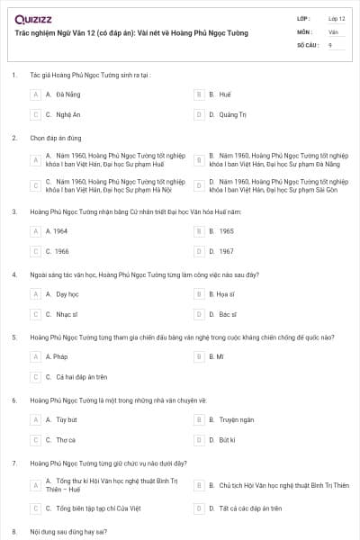Trắc nghiệm Ngữ Văn 12 (có đáp án): Vài nét về Hoàng Phủ Ngọc Tường