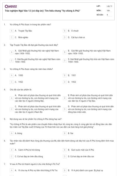 Trắc nghiệm Ngữ Văn 12 (có đáp án):  Tìm hiểu chung ”Vợ chồng A Phủ”