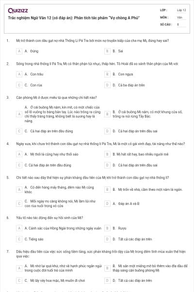 Trắc nghiệm Ngữ Văn 12 (có đáp án): Phân tích tác phẩm “Vợ chồng A Phủ”