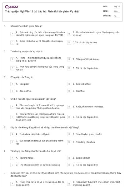 Trắc nghiệm Ngữ Văn 12 (có đáp án): Phân tích tác phẩm Vợ nhặt