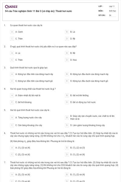 54 câu  Trắc nghiệm Sinh 11 Bài 3 (có đáp án): Thoát hơi nước