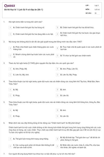 Đề thi Học kì 1 Lịch Sử 9 có đáp án (Đề 1)