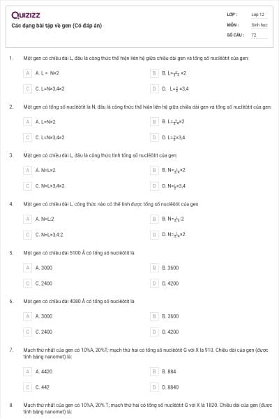 Các dạng bài tập về gen (Có đáp án)