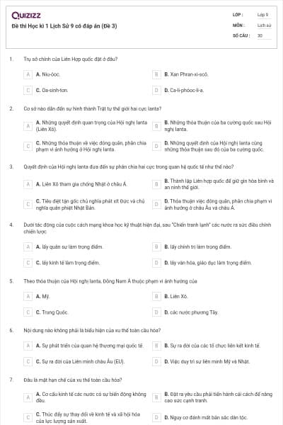 Đề thi Học kì 1 Lịch Sử 9 có đáp án (Đề 3)
